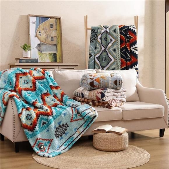 Boho Sherpa Throw Blanket Aztec Aqua Ultra Soft Warm Cozy Plush Thick Fleece NEW - Picture 4 of 5